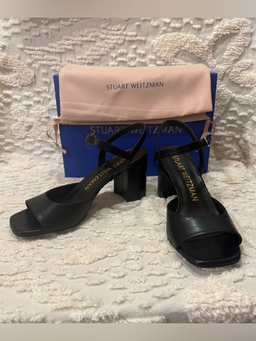 Stuart Weitzman Black Leather Block Heel Slingback Sandals #620